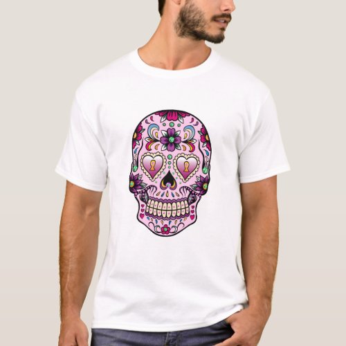 Colorful Retro Floral Sugar Skull Pink Tint T_Shirt