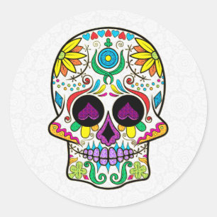 Colorful Retro Floral Sugar Skull Purple Hearts Classic Round Sticker