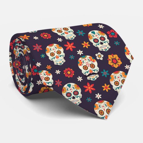 Colorful Retro Floral Sugar Skulls Pattern Neck Tie