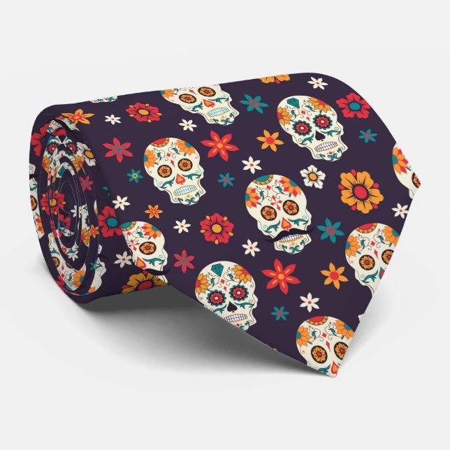 Colorful Retro Floral Sugar Skulls Pattern Neck Tie (Rolled)