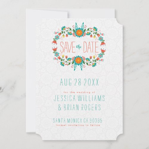 Colorful Retro Floral Wreath Save the Date