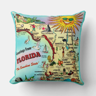 Colorful Retro Florida Map Throw Pillow