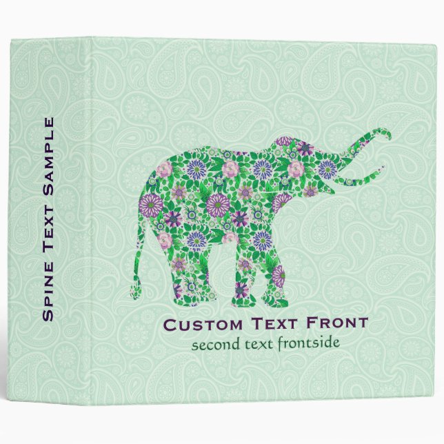 Colorful Retro Flower Elephant Mint-Green Paisley Binder (Front/Spine)