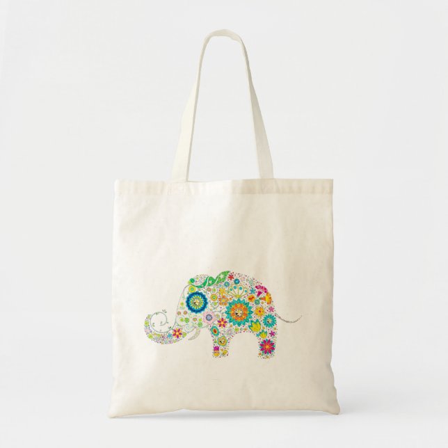 Colorful Retro Flower Elephant Tote Bag (Front)