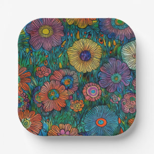 Colorful Retro Flower Garden Paper Plates