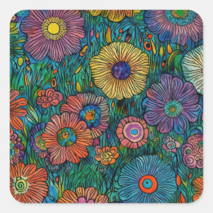 Colorful Retro Flower Garden Square Sticker