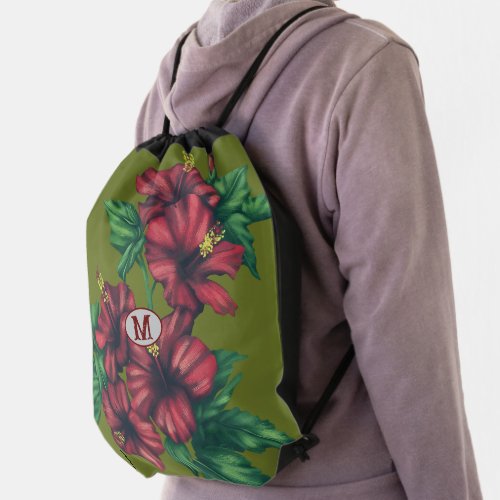 COLORFUL RETRO FLOWER ON GREEN BACKGROUND DRAWSTRING BAG