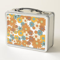 Preppy Blue Orange Hippie Flower Pattern Metal Lunch Box