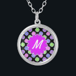Colorful Retro Flower Pattern Monogram Silver Plated Necklace<br><div class="desc">This pretty, girly design features a bright, colorful floral pattern in shades of pink, purple, blue and green on a black background. It has a flower - shaped space in orchid - purple where you can add your monogram / initial in white to personalize. It's a slightly retro, very chic...</div>