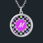 Colorful Retro Flower Pattern Monogram Silver Plated Necklace<br><div class="desc">This pretty, girly design features a bright, colorful floral pattern in shades of pink, purple, blue and green on a black background. It has a flower - shaped space in orchid - purple where you can add your monogram / initial in white to personalize. It's a slightly retro, very chic...</div>