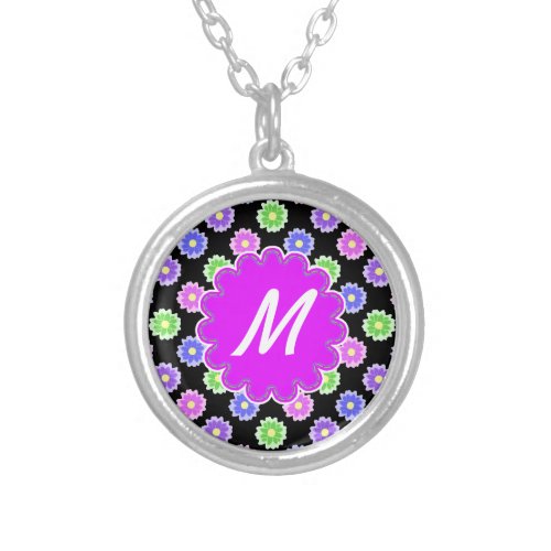 Colorful Retro Flower Pattern Monogram Silver Plated Necklace