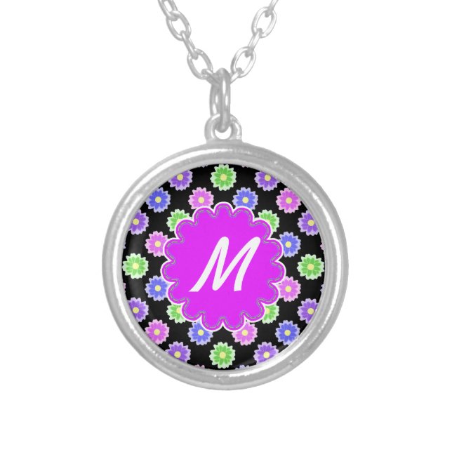 Colorful Retro Flower Pattern Monogram Silver Plated Necklace (Front)