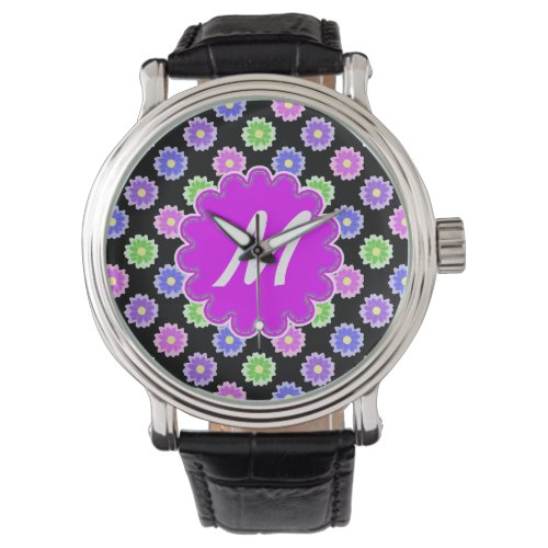 Colorful Retro Flower Pattern Monogram Watch