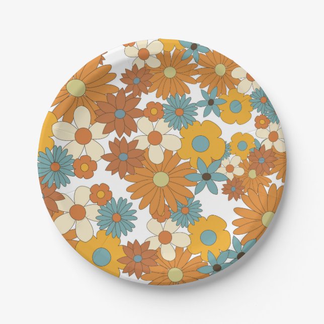 Colorful Retro Flower Pattern  Paper Plates (Front)