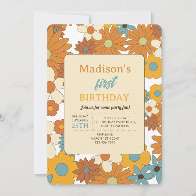 Colorful Retro Flower Pattern Theme Birthday Invitation (Front)