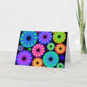 Colorful Retro Flower Patterns On Black Background Card by SharonaCreations at Zazzle
