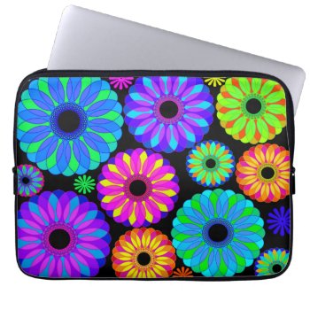 Colorful Retro Flower Patterns On Black Background Laptop Sleeve by SharonaCreations at Zazzle