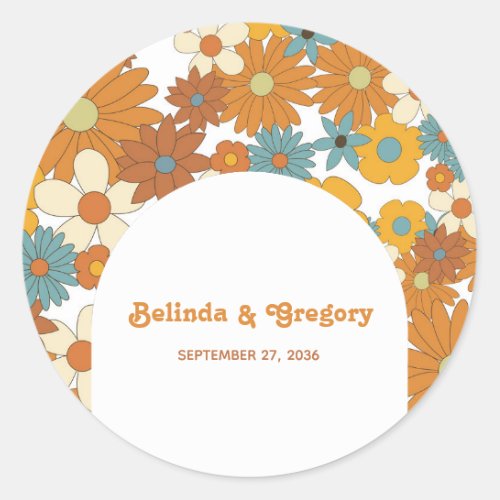 Colorful Retro Flowers 60s 70s Arch Wedding Classic Round Sticker