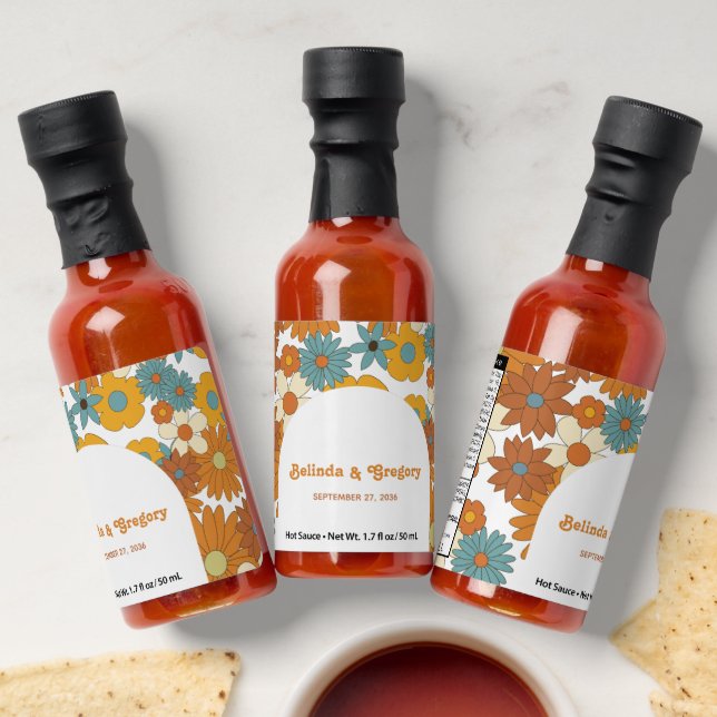 Colorful Retro Flowers 60's 70's Arch Wedding Hot Sauces (Laydown)