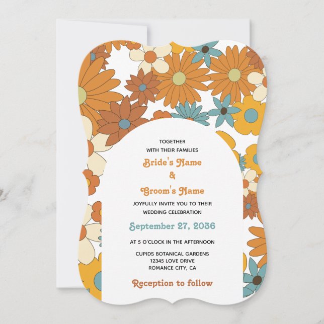 Colorful Retro Flowers 60's 70's Arch Wedding Invitation (Front)