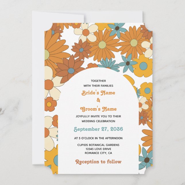 Colorful Retro Flowers 60's 70's Arch Wedding Invitation (Front)