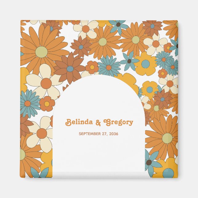 Colorful Retro Flowers 60's 70's Arch Wedding Magnet (Front)