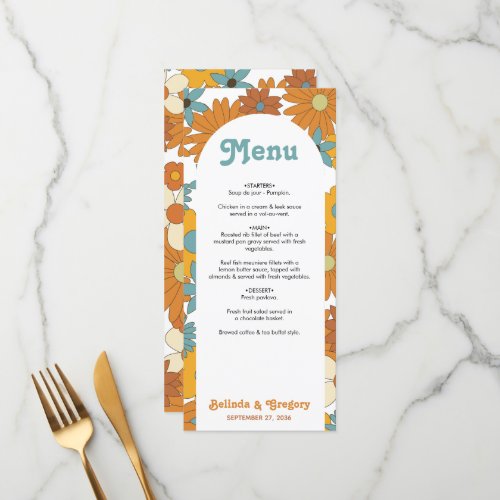 Colorful Retro Flowers 60s 70s Arch Wedding Menu