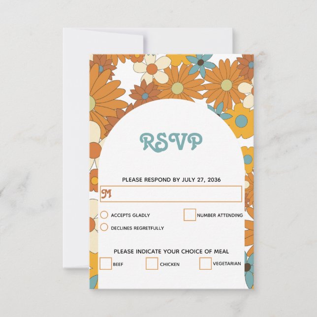 Colorful Retro Flowers 60's 70's Arch Wedding RSVP Card (Front)