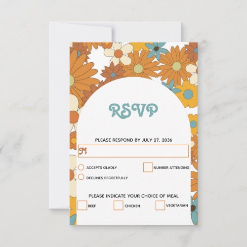 Colorful Retro Flowers 60s 70s Arch Wedding RSVP Card