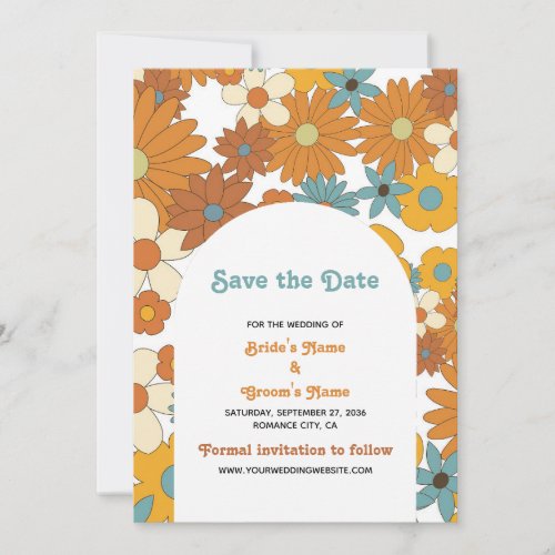 Colorful Retro Flowers 60s 70s Arch Wedding Save The Date