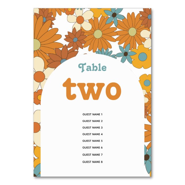 Colorful Retro Flowers 60's 70's Arch Wedding Table Number (Front)