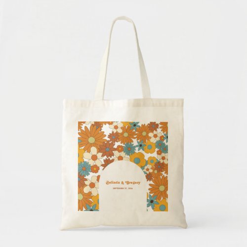 Colorful Retro Flowers 60s 70s Arch Wedding Tote Bag