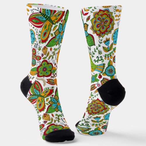 Colorful retro flowers and butterflies pattern socks