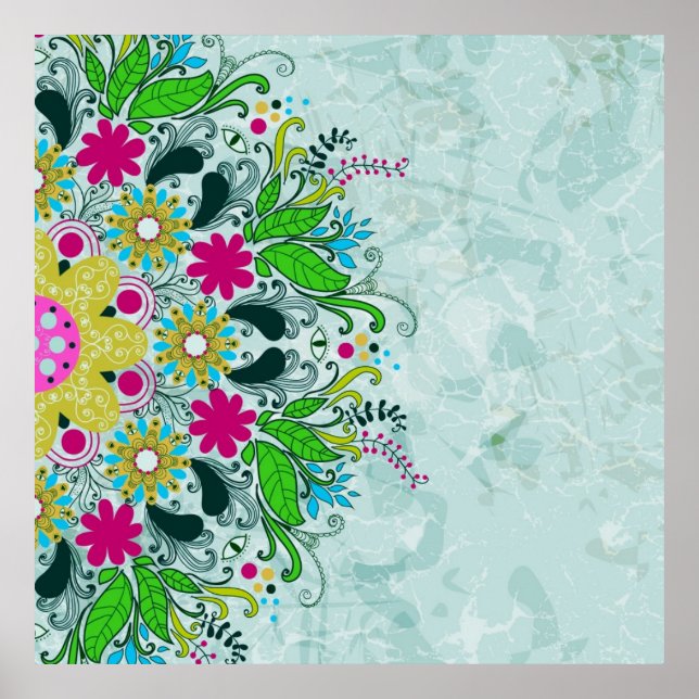 Colorful retro flowers and swirls. poster (Front)