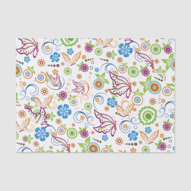 Colorful Retro Flowers Birds & Butterflies 2 Tissue Paper (Front)