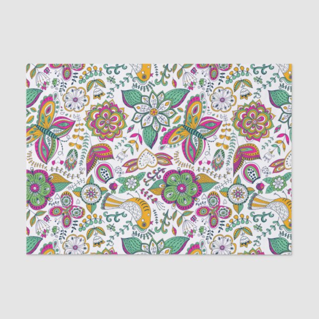 Colorful Retro Flowers Birds & Butterflies Pattern Tissue Paper (Front)