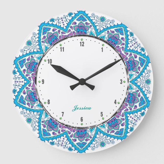 Colorful Retro Flowers Blue Overtones Large Clock (Front)