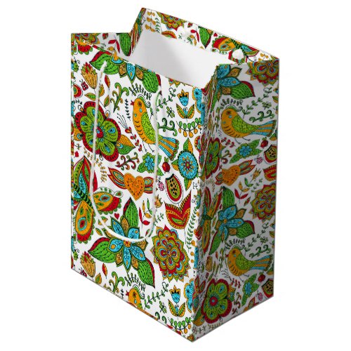 Colorful retro flowers butterflies  birds pattern medium gift bag