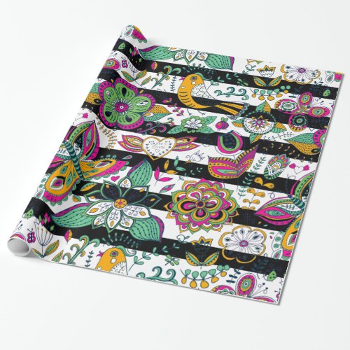 Colorful Retro Flowers  Butterflies With Stripes Wrapping Paper