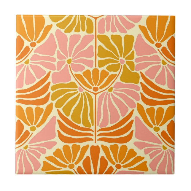 Colorful Retro Flowers Ceramic Tile (Front)