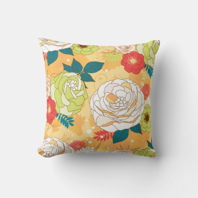 Colorful Retro Flowers Collage Throw Pillow (Front)