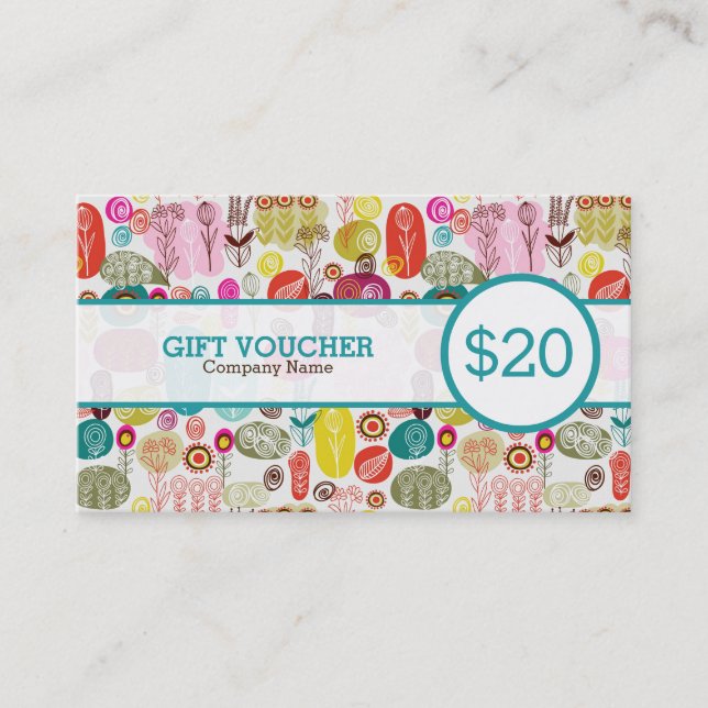 Colorful Retro Flowers Custom Voucher Discount Card (Front)