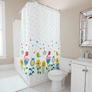 Colorful retro flowers & cute birds shower curtain
