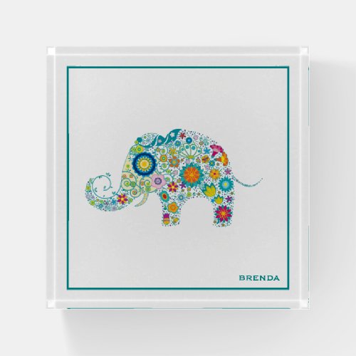 Colorful retro flowers cute elephant illustration paperweight