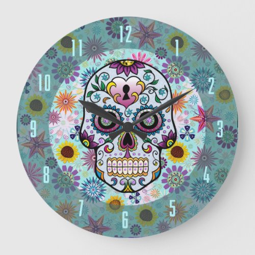 Colorful Retro Flowers  Diamonds Skull Design Large Clock