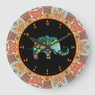 Colorful Retro Flowers & Elephant 4 Large Clock