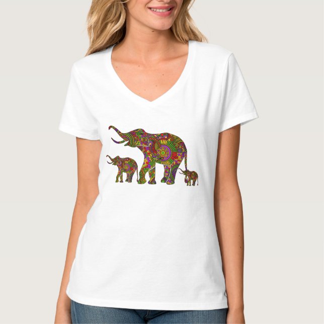 Colorful Retro Flowers Elephant Family 3 T-Shirt (Front)