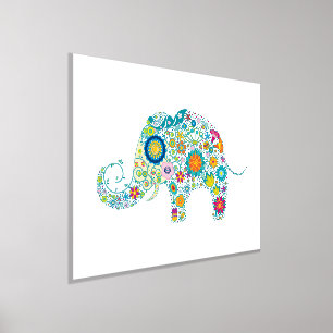 Colorful Retro Flowers Elephant Illustration  Foil Prints