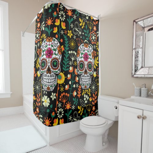 Colorful Retro Flowers  Floral Sugar Skull Shower Curtain
