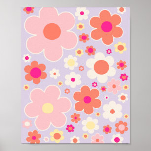 Colorful Retro Flowers Lilac Pink White Orange Poster